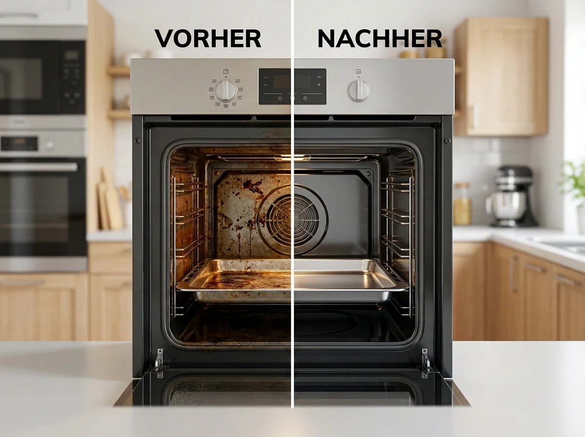 Verschmutzter und gereinigter Backofen mit Backblech im Vorher-Nachher-Vergleich