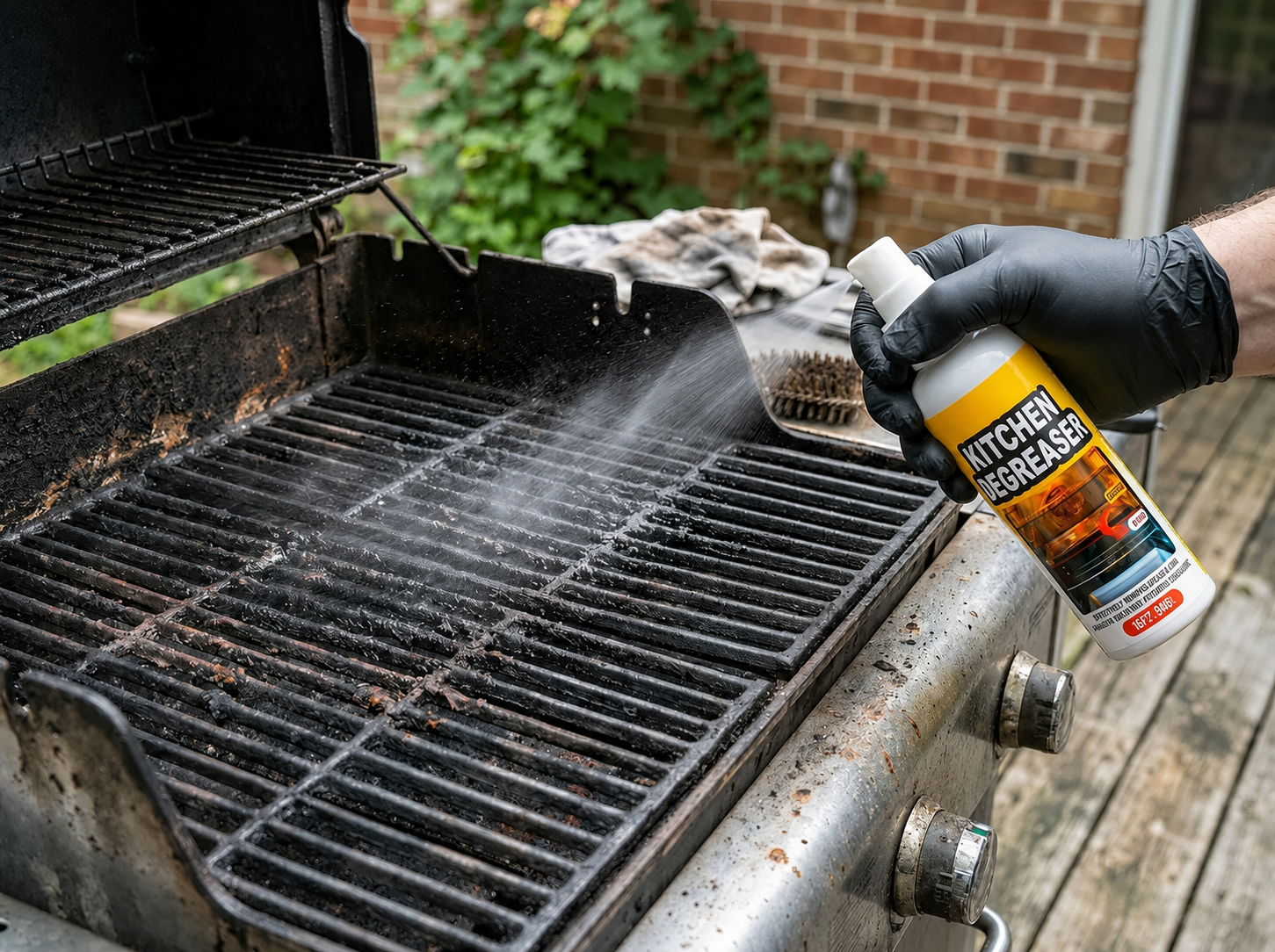 GreaseKiller Fettlöser Spray wird auf einen verschmutzten Grillrost gesprüht