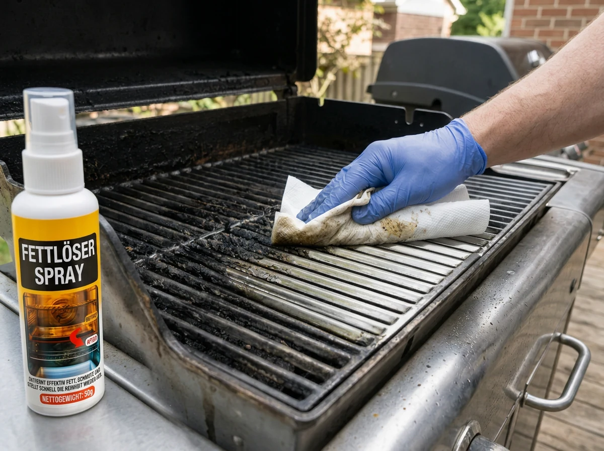 Gelöstes Fett wird mit einem Tuch vom Grillrost abgewischt