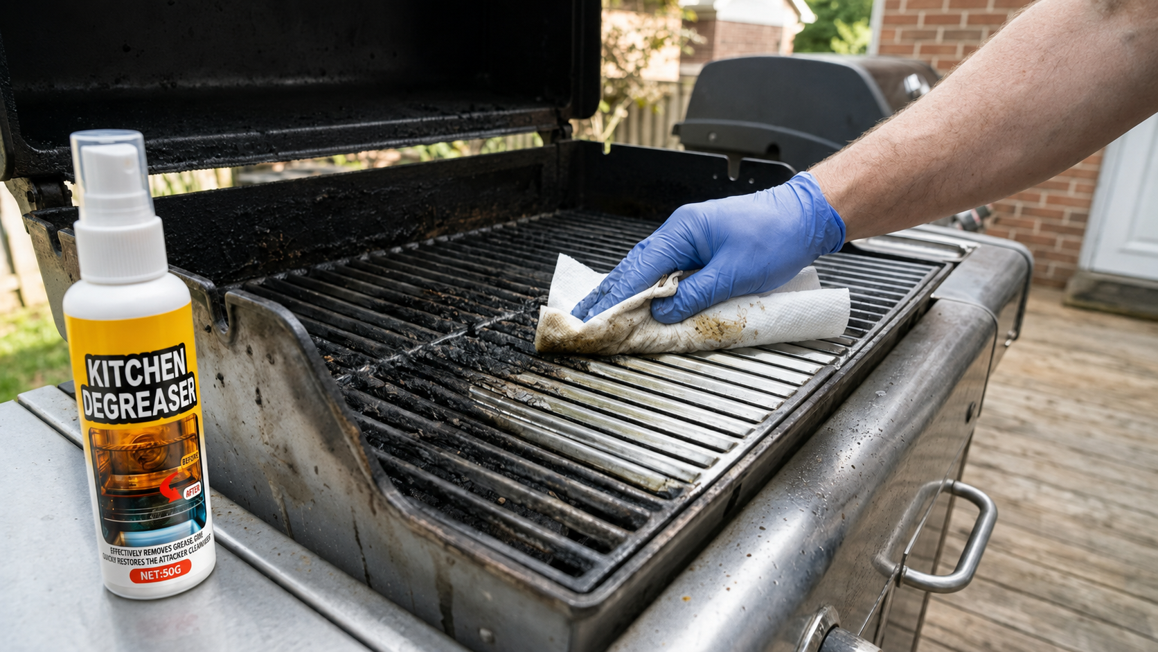 Gelöste Grillkruste wird nach der Einwirkzeit mit einem Tuch vom Rost abgenommen